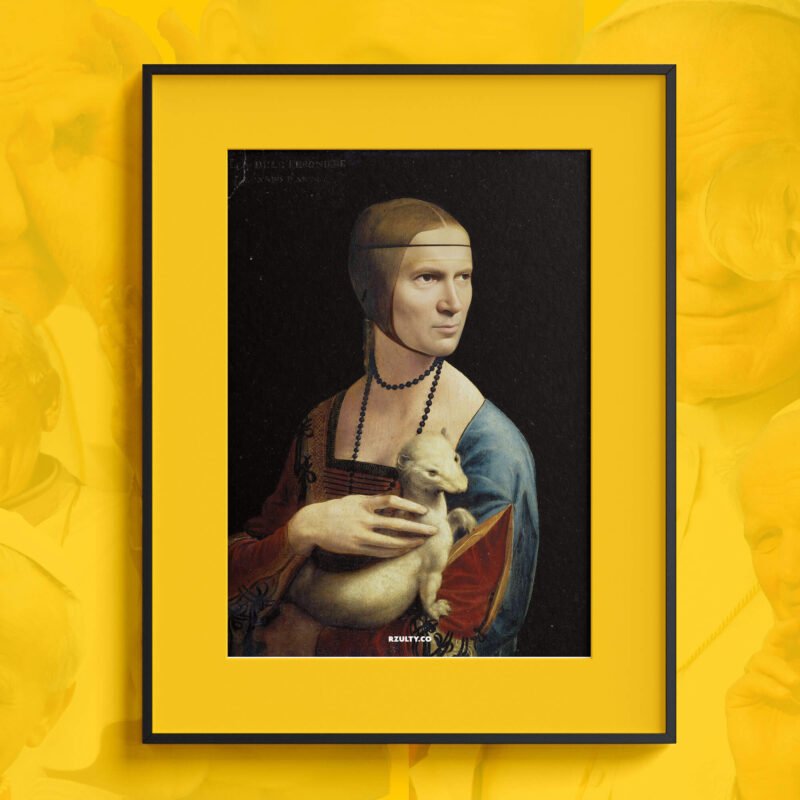 Wizerunek kobiety trzymającej psa na żółtym tle, prawdopodobnie przedstawiający Jana Pawła 2.