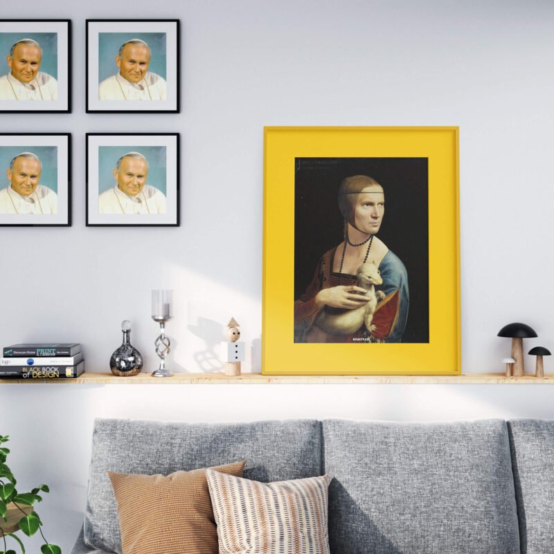 Oprawiona grafika Leonardo da Vinci przedstawiająca papieża Jana Pawła II.